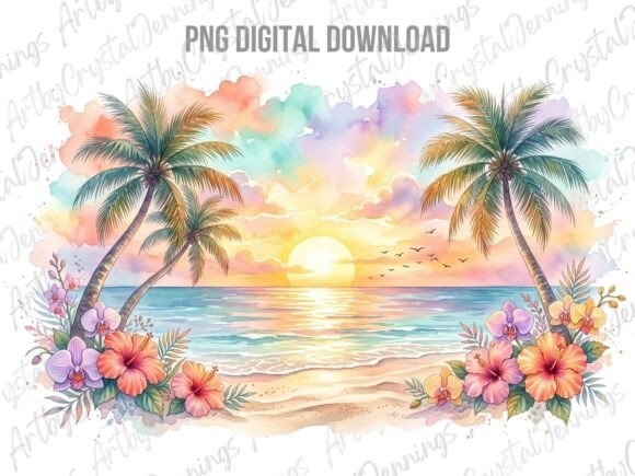 Download Watercolor Tropical Beach Sunset PNG - Tropical Collection